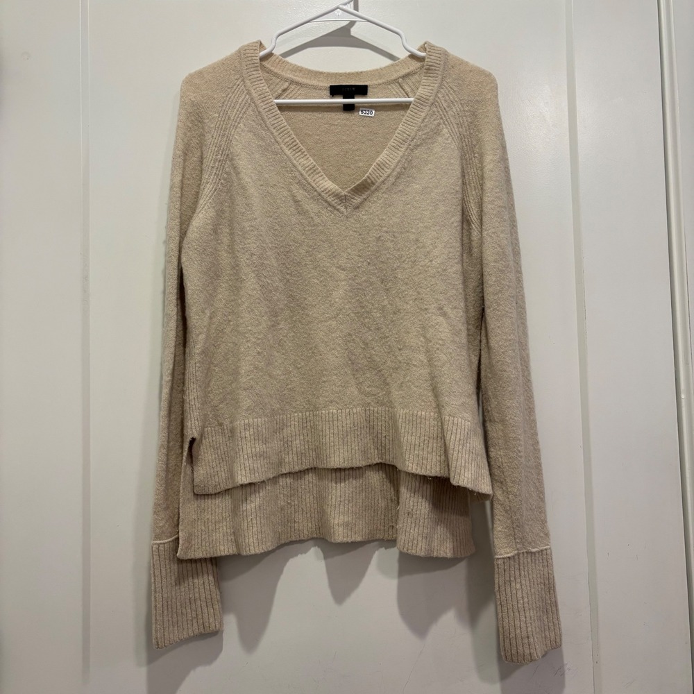 J.Crew Womens Beige Merino Wool Alpaca Blend V-Neck High-Low Sweater Size M